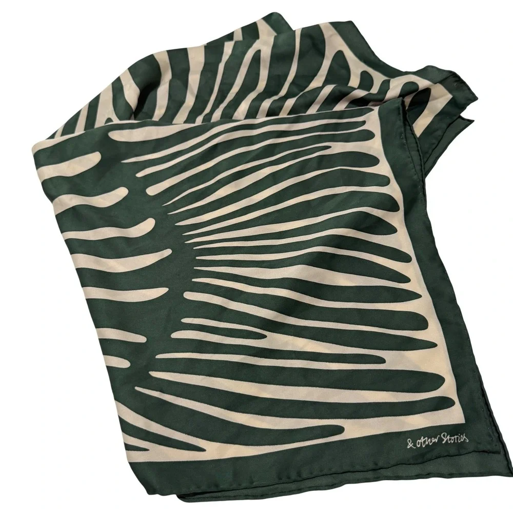 & Other Stories Forest Green Cream Abstract Zebra Print Square Scarf 25x25